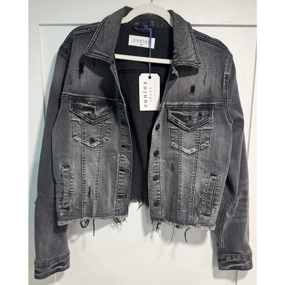 eunina Jackets & Blazers - NWT EUNINA JEANS Distressed Charcoal Cropped Denim Jean Jacket Size M